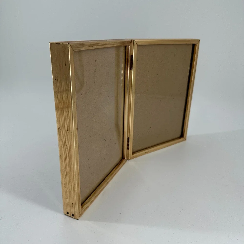 Vintage Brass Hinged Double Picture Frame 5x7 Folding Tabletop Display MCM
